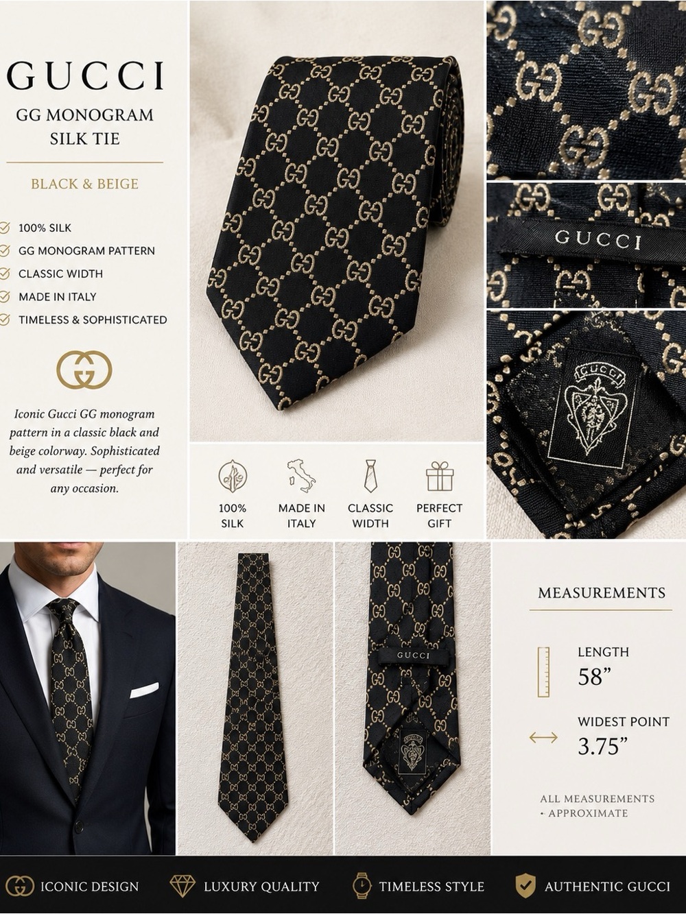 Gucci Black & Beige GG Monogram Silk Necktie
